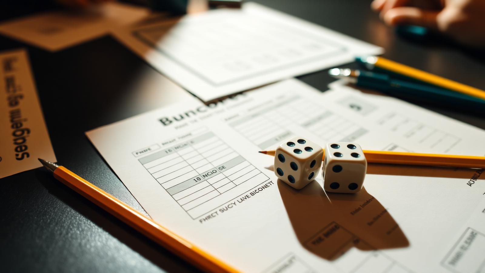Craft table with printed score sheets, pens and paper