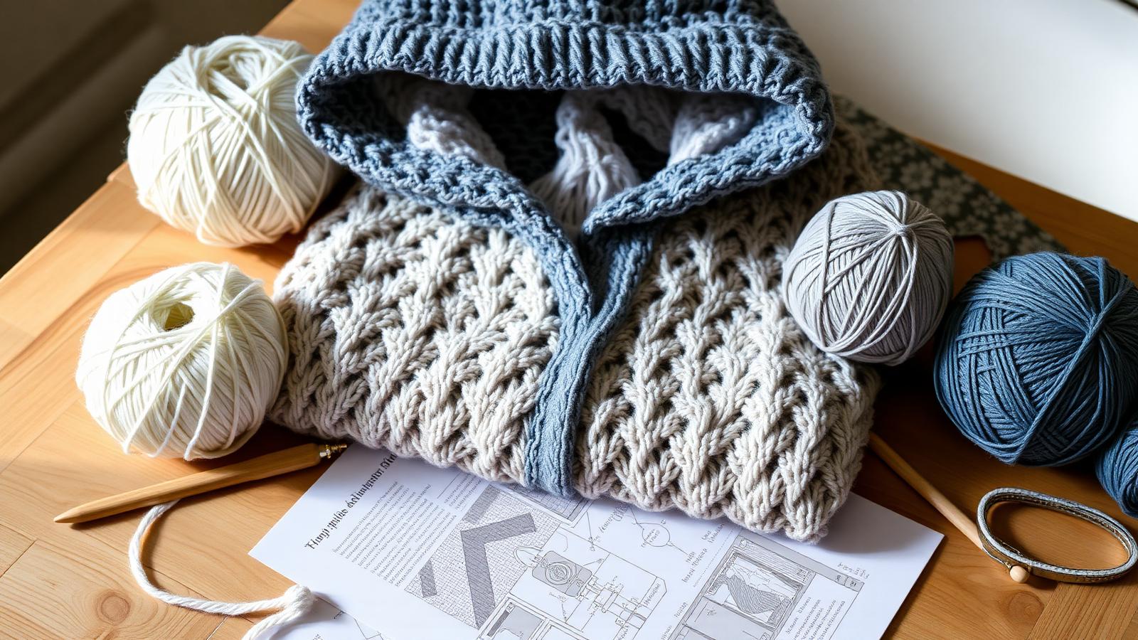 Half finished crochet hooded sweater with yarn balls and hooks on a wooden table