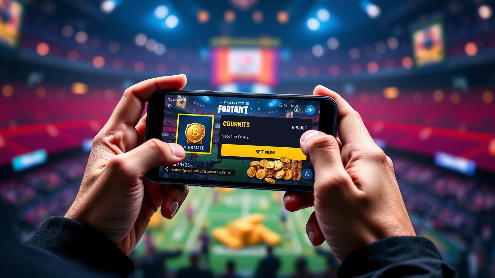 لاعب يستخدم هاتفه لشراء عملة داخل لعبة إطلاق نار